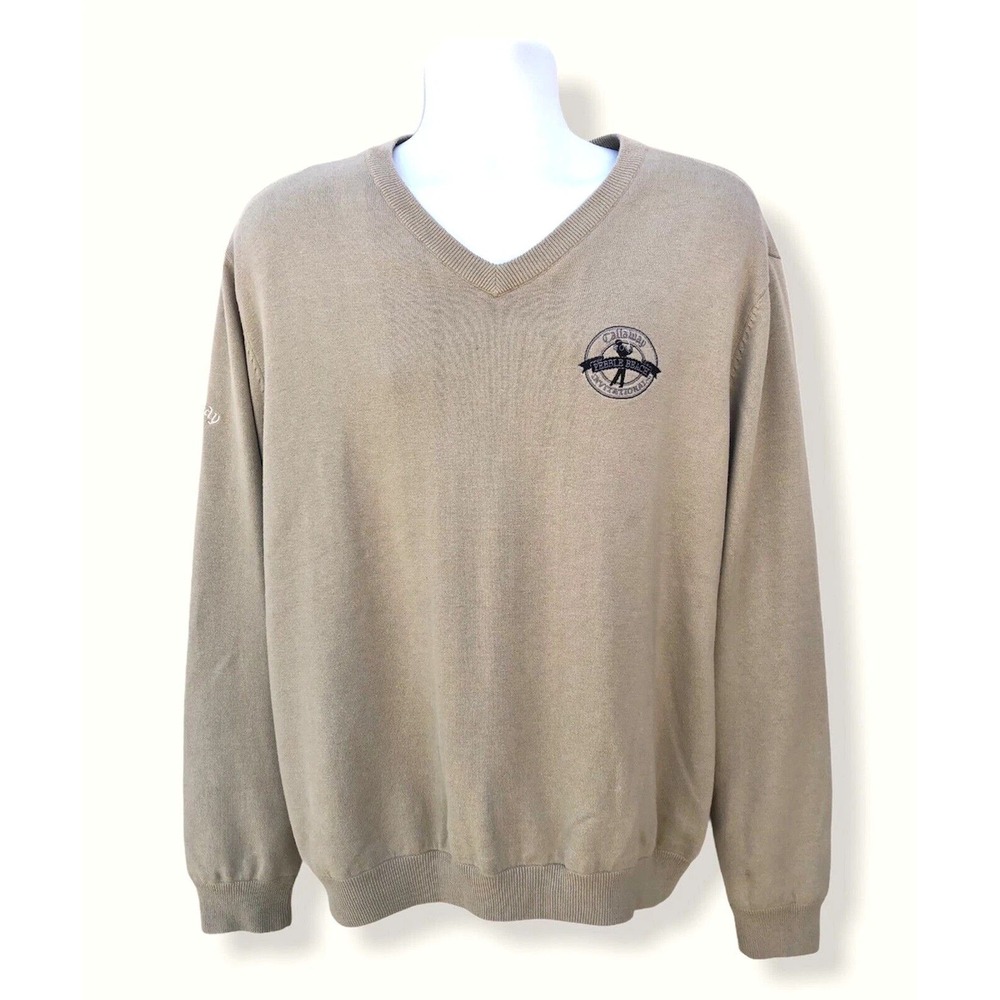 Callaway Pebble Beach Lined Golf Sweater Mens L Tan V Neck Pullover
